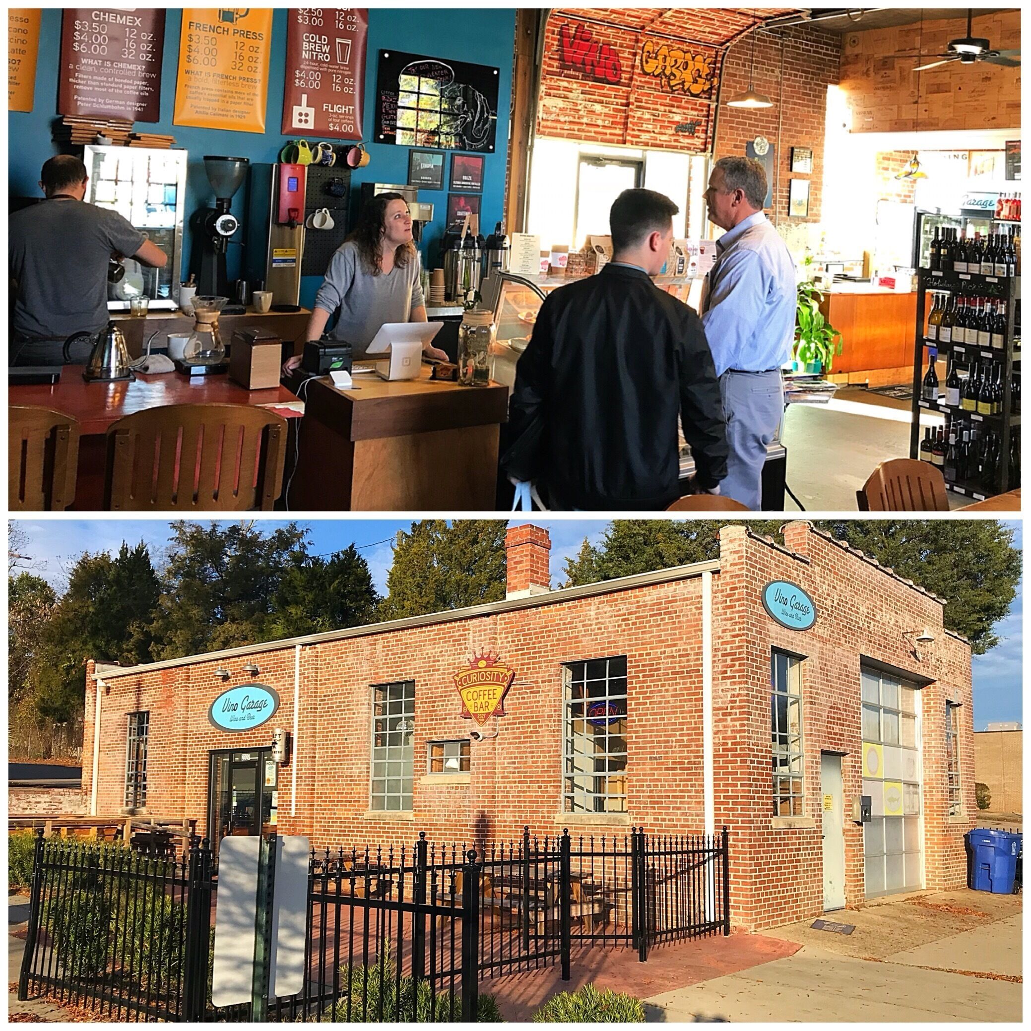 Found a great (new to me) coffee house in Columbia, SC, ... Curiosity has excellent espresso and coffees. This small place also has a very good selection of wines as it’s alter ego is “Vino Garage”. Several comfortable tables, smooth jazz in the background.  Glad to have found it. 