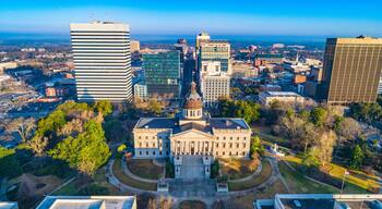 A cityscape with a prominent historic building with a dome, surrounded by modern skyscrapers and a mix of greenery.