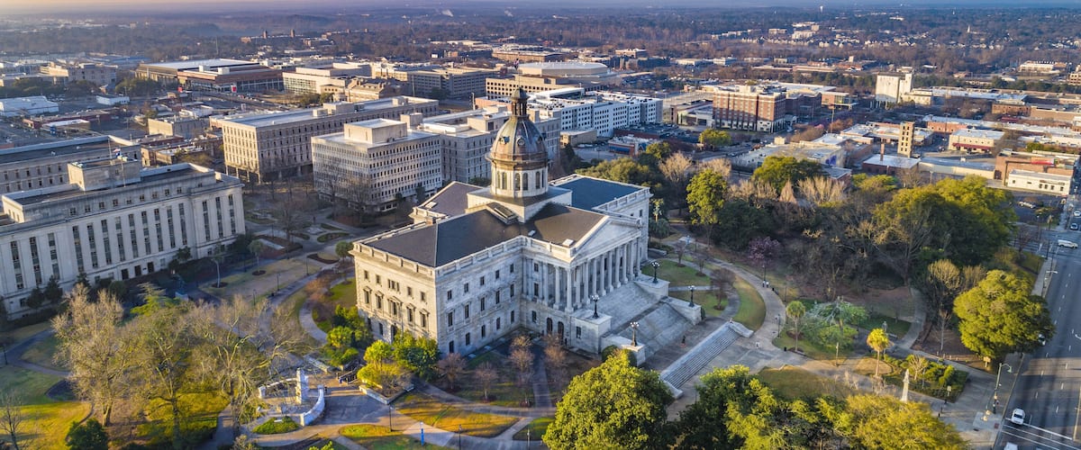 Drone Aerial View of Downtown Columbia, South Carolina, USA.