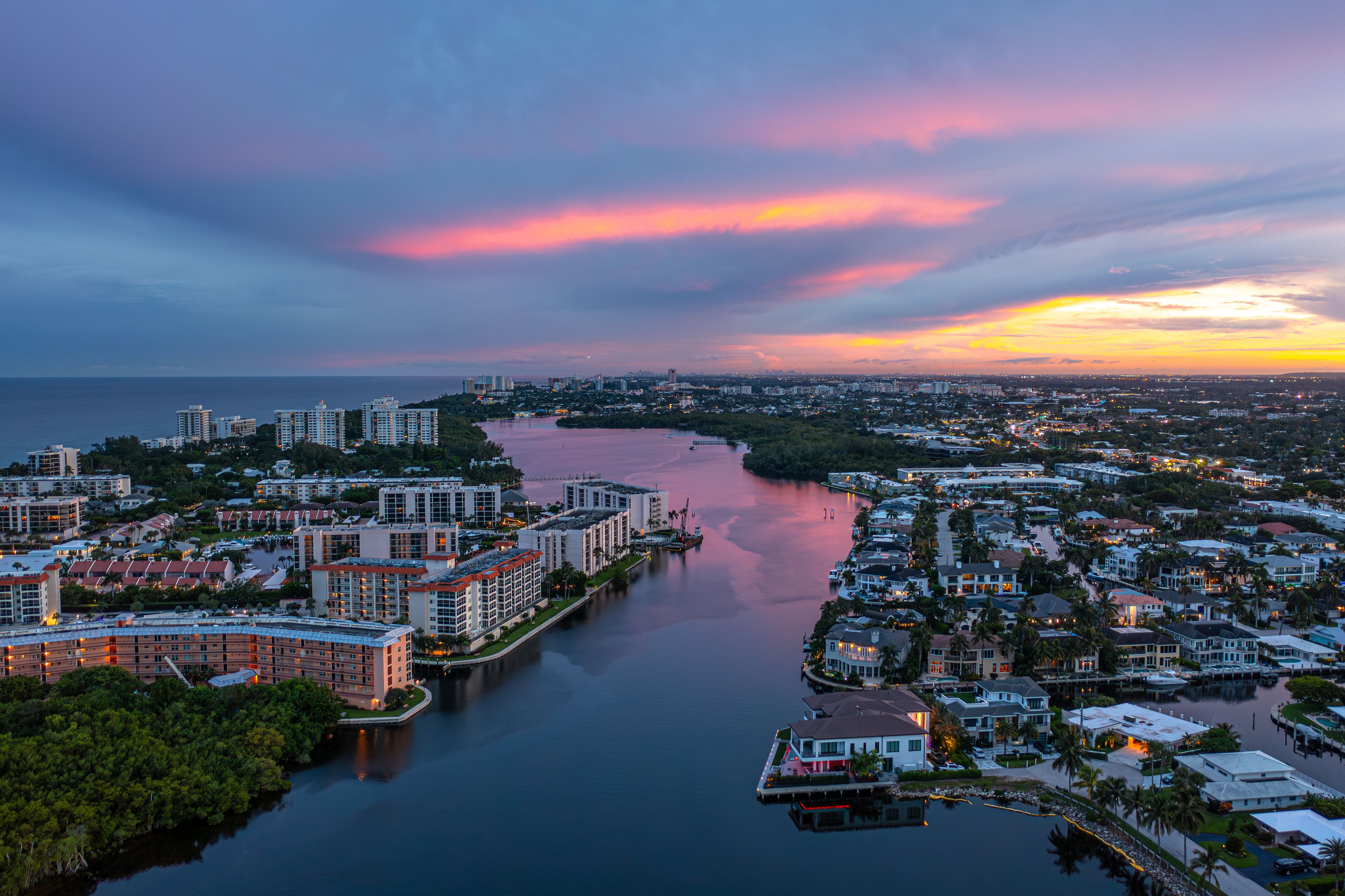 Boca Raton Intracoastal Waterway at Sunset Aerial View with Colorful Sky.