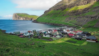 A coastal village with houses, a cliff, and the ocean.