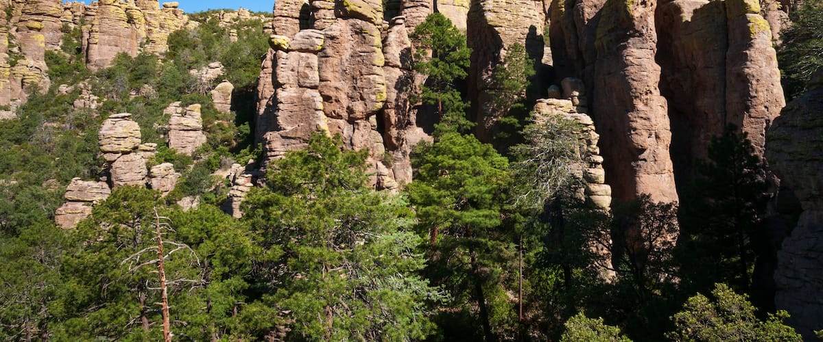 A rocky landscape with tall, balanced rock formations and dense green trees.
