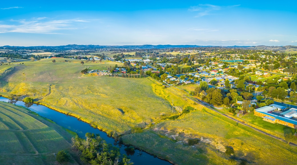 Wide aerial panoram of Yass river and surrounding countryside at sunset in New South Wales, Australia