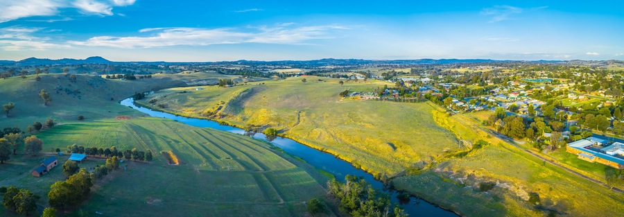 Wide aerial panoram of Yass river and surrounding countryside at sunset in New South Wales, Australia