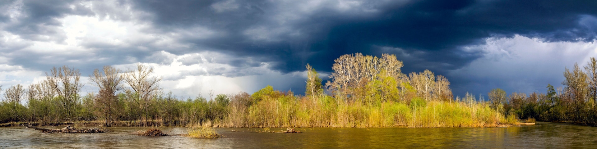 Ein Fluss mit Bäumen und bewölktem Himmel.