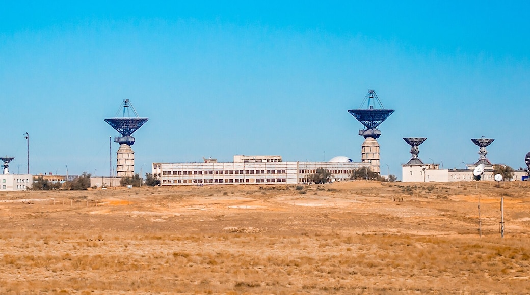 Antenna at the spaceport. The tracking center at the Baikonur cosmodrome, a signaling station launching rockets. Space technology