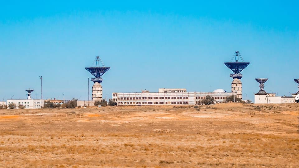 Antenna at the spaceport. The tracking center at the Baikonur cosmodrome, a signaling station launching rockets. Space technology