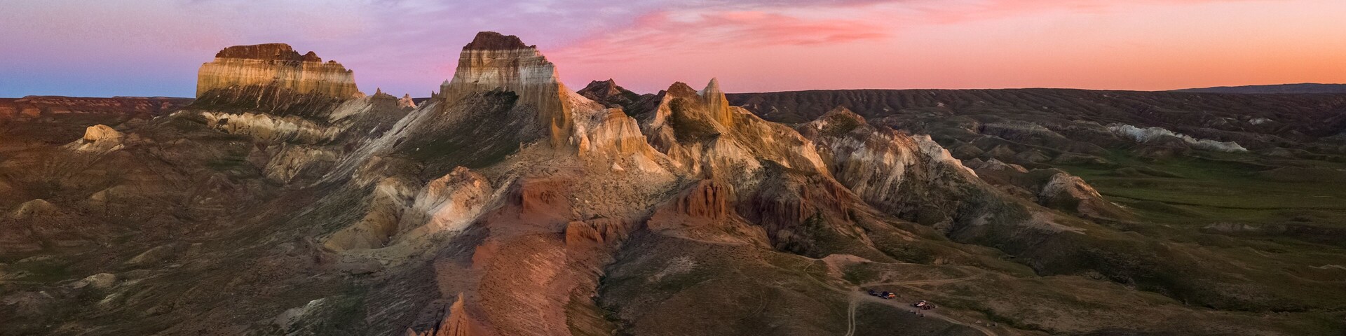 Aerial drone panorama of the Airakty valley at the sunset time, Mangystau, west Kazakhstan