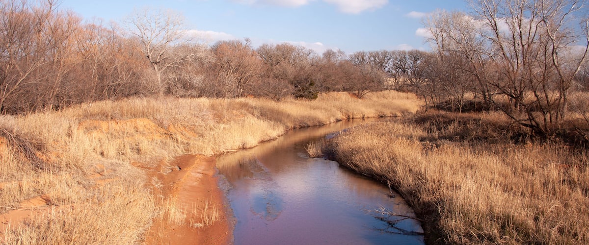A river meandering through a dry, grassy landscape with sparse trees and a clear sky.
