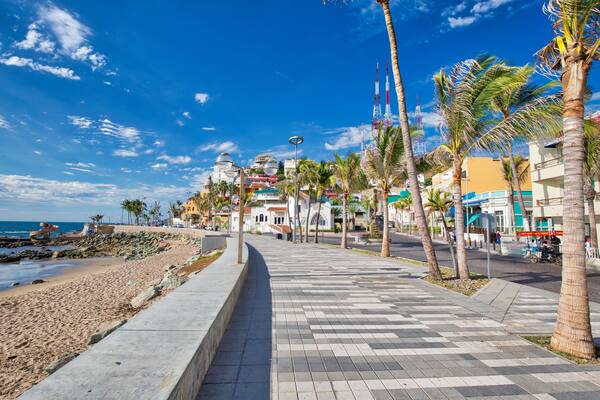 Mazatlan, Mexico-10 April, 2019: Famous Mazatlan sea promenade (El Malecon) with ocean lookouts and scenic landscapes