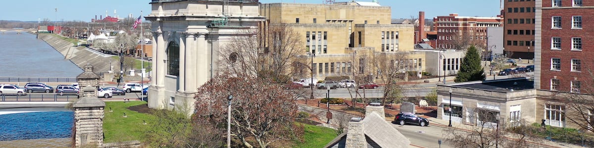 Civil War monument and log cabin