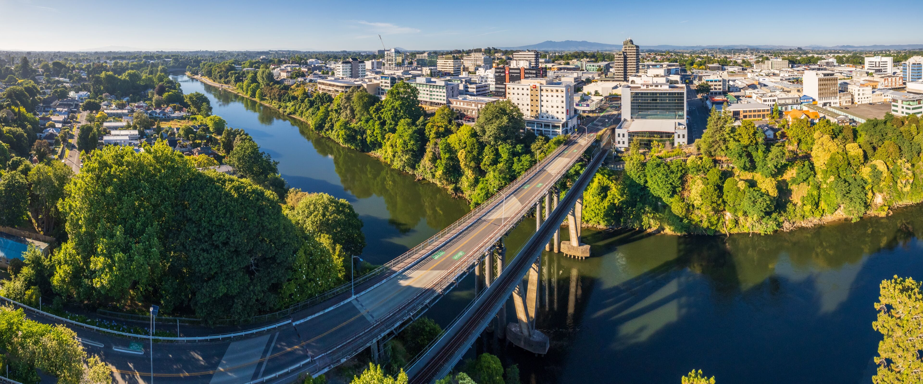 Panoramic aerial drone view over the city of Hamilton (Kirikiriroa) in the Waikato region of New Zealand.