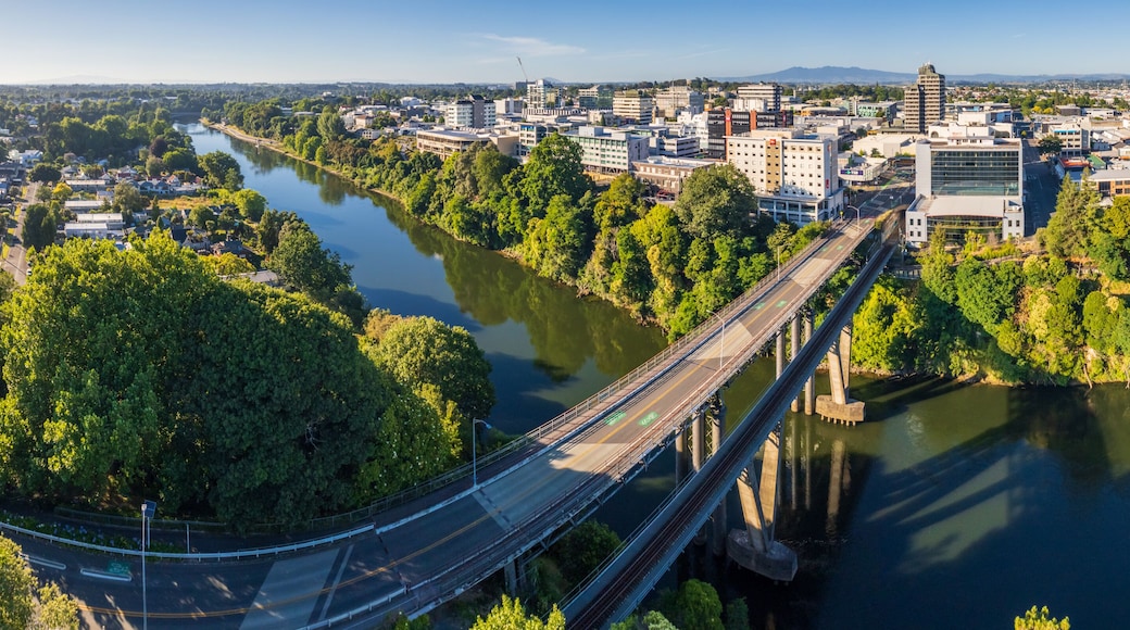 Panoramic aerial drone view over the city of Hamilton (Kirikiriroa) in the Waikato region of New Zealand.