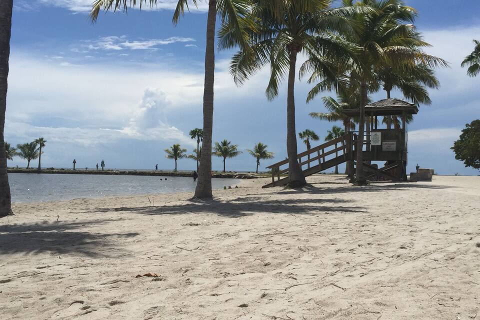 A beach with palm trees, a lifeguard tower, and a calm sea.