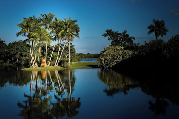 Ein ruhiger See mit Palmen und einem Golfplatz im Hintergrund.