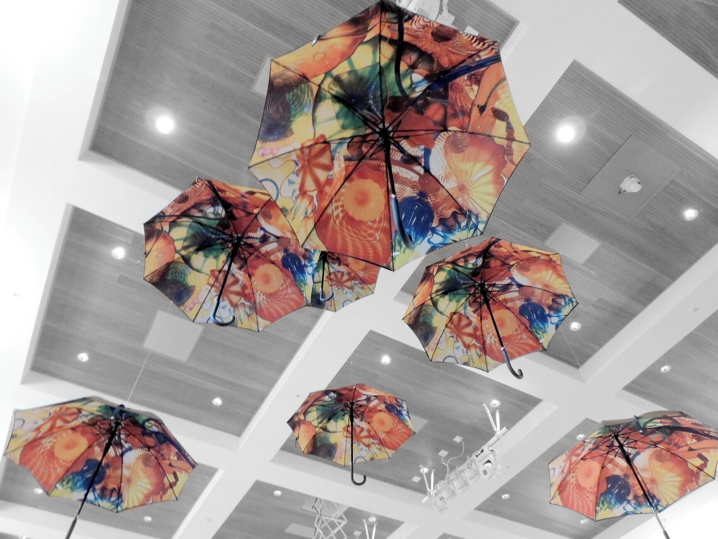 Nobody is gonna' rain on my parade!  

This colorful collection of umbrellas is on display inside the new  Adam R. Rose and Peter R. McQuillan Arts Center at Fairchild's in celebration of the Gardens and Glass Chihuly Exhibit.

Now through May 31, 2015, guests to Fairchild's can see over thirty Chihuly pieces artfully nestled throughout 83 acres of gardens.

For a spectacular treat, visit on Thursday or Sunday evening (I'm hoping to return) and experience the magic of Chihuly illuminated under the stars.    
