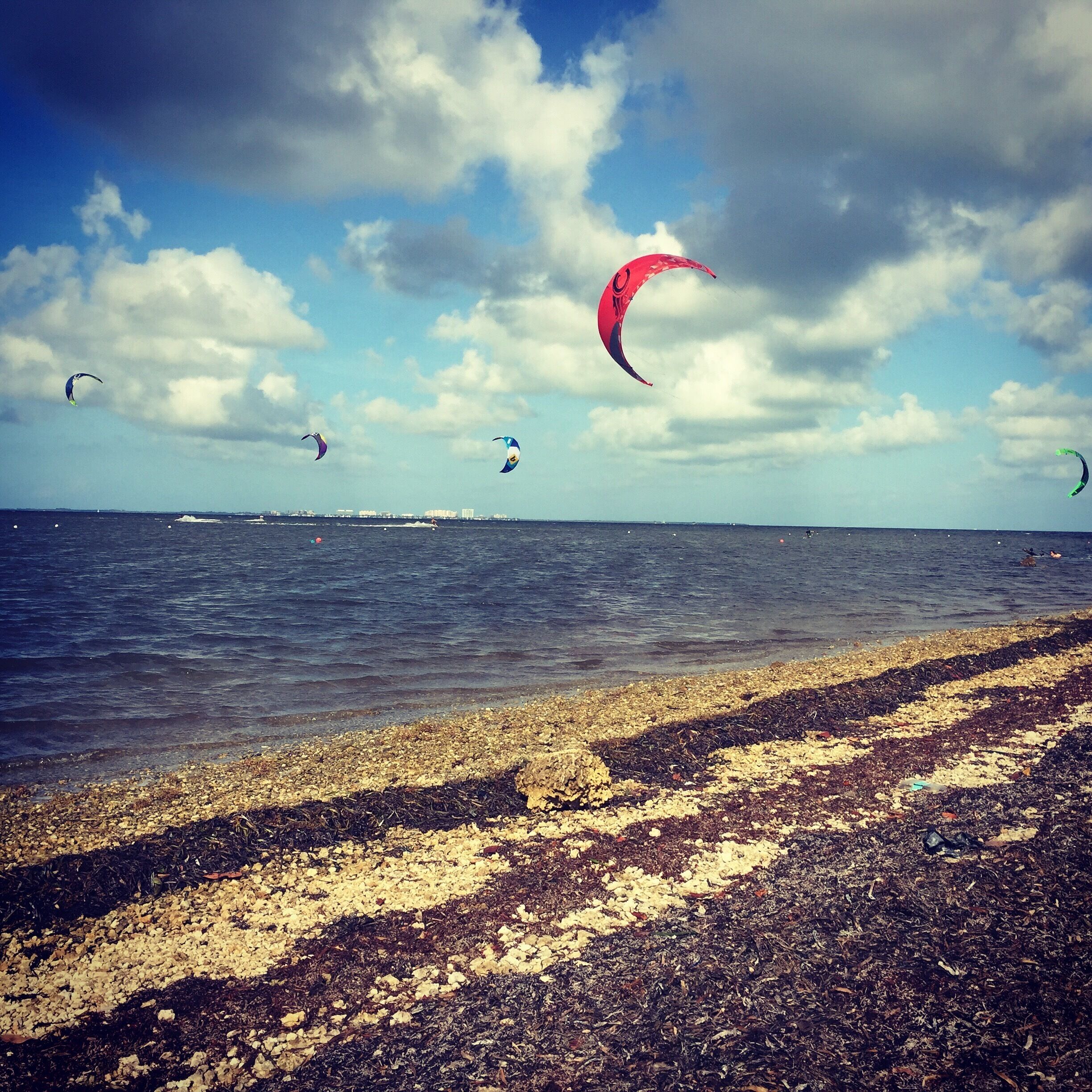 Una playa con cometas volando en el cielo y el océano al fondo.