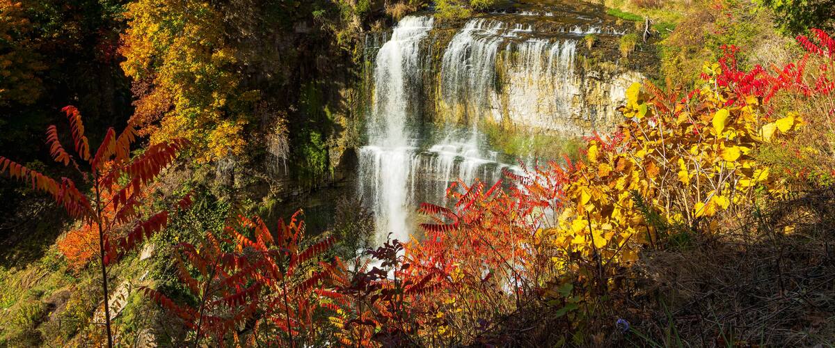 The Webster's Falls view along Spencer Gorge hiking trail in Hamilton, Ontario, Canada. Autumn Season.