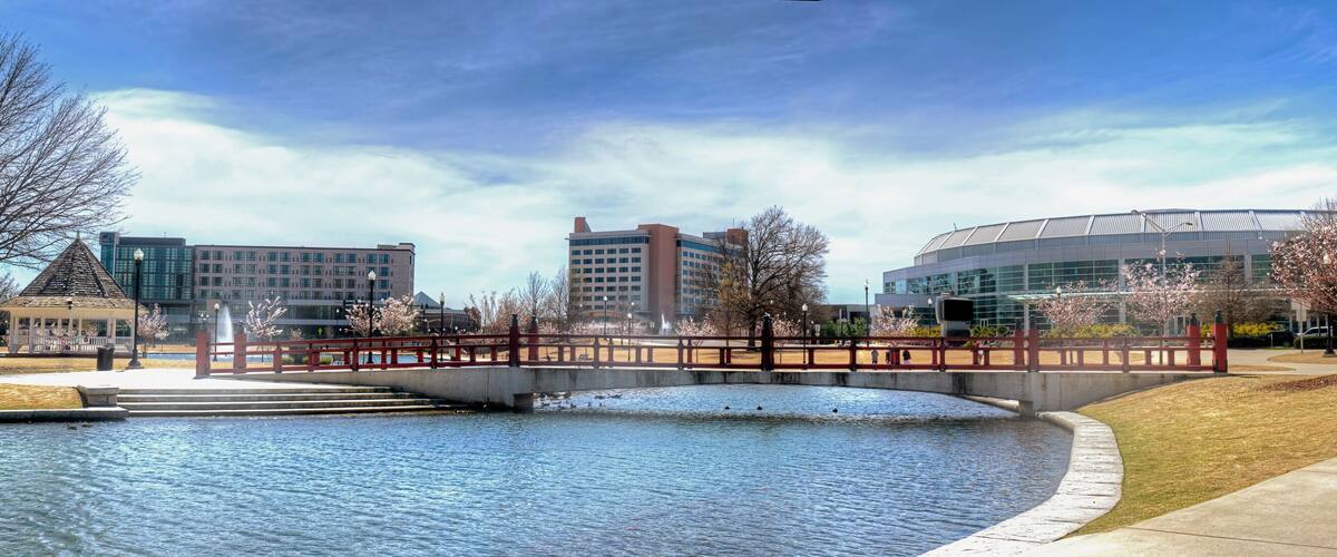 A bridge over a water feature with modern buildings in the background.