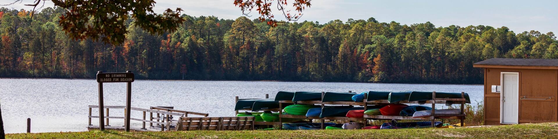Scenic view of rental boats at a lake against trees at Cheraw State Park in Chesterfield County