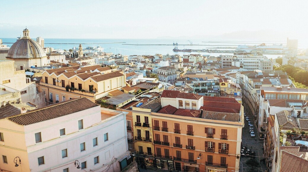 Panoramic view of the harbour of Cagliari from Viale Buoncammino during the golden hour.