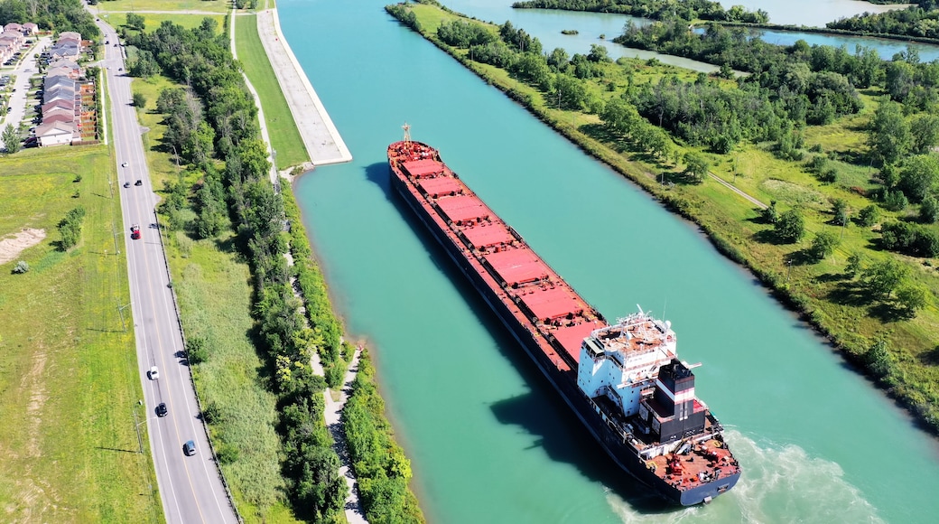 Aerial of a Lake Freighter sailing in the Welland Canal, Canada