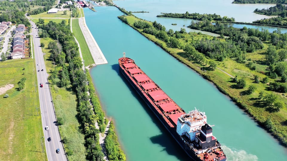 A large cargo ship on a river, surrounded by greenery and a bridge.