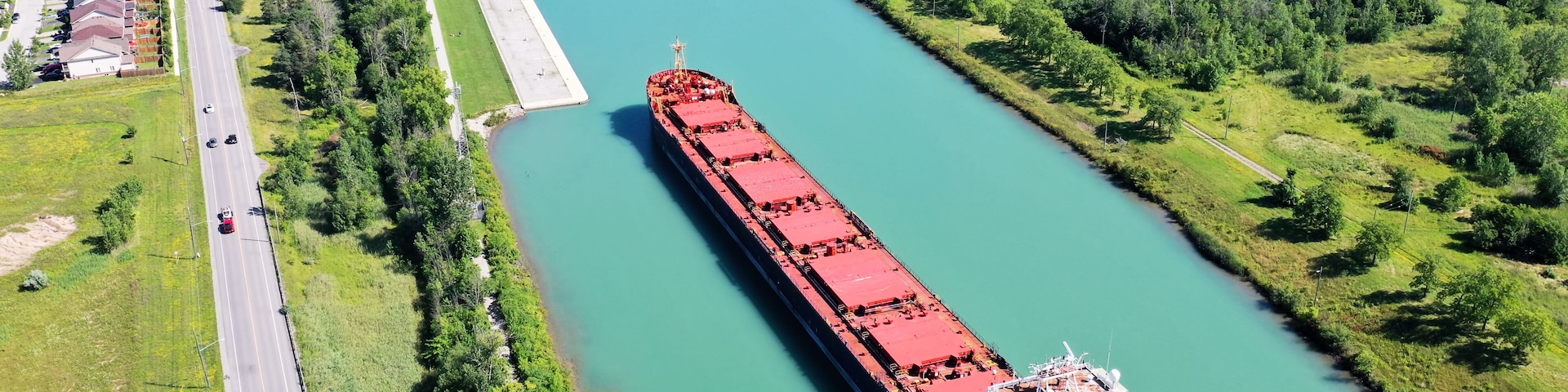 Aerial of a Lake Freighter sailing in the Welland Canal, Canada