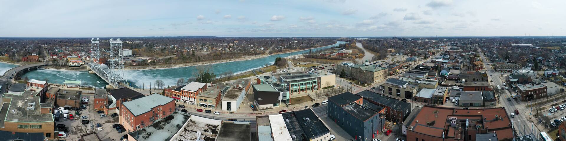 Aerial panorama of Welland, Ontario, Canada in winter
