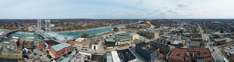 Aerial panorama of Welland, Ontario, Canada in winter