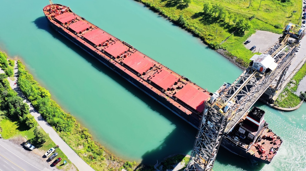 Aerial of a Lake Freighter travelling in the Welland Canal, Canada
