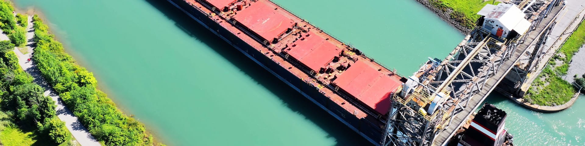 Aerial of a Lake Freighter travelling in the Welland Canal, Canada