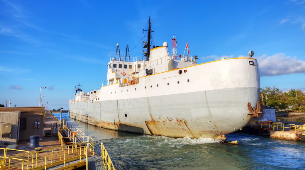 Scene of Lake Freighter moving through the Welland Canal in Canada