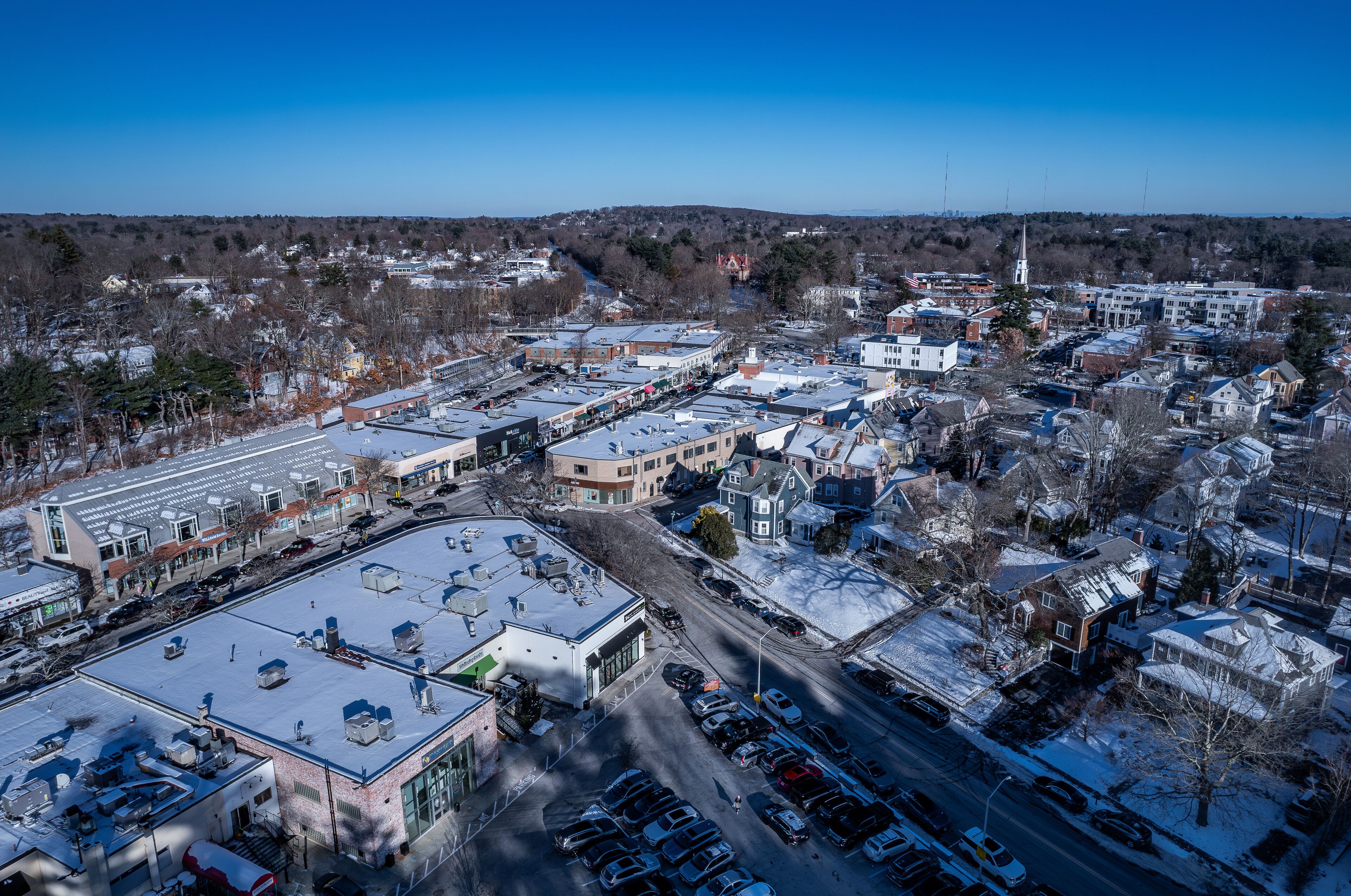 Aerial view of Wellesley, Massachusetts in winter  
