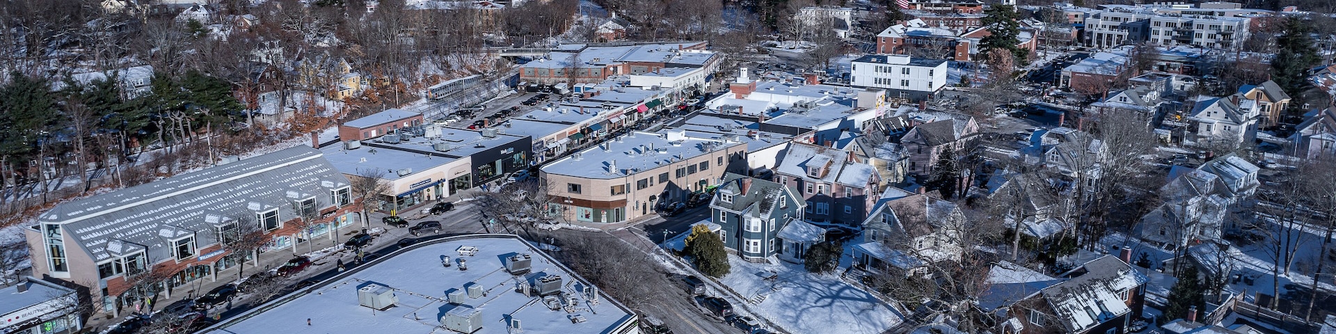 Aerial view of Wellesley, Massachusetts in winter