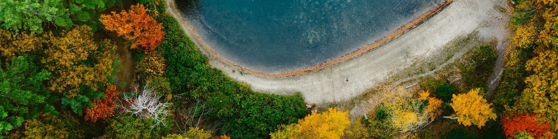 An aerial view of a beach surrounded by autumn-colored trees.