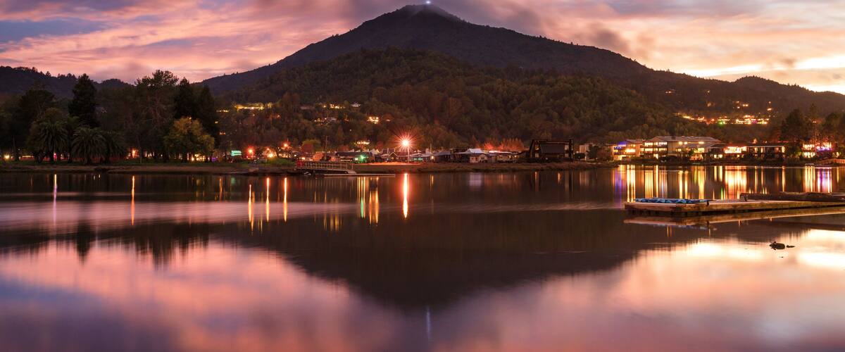 Colorful sunset over Mt. Tamalpais with reflection, Marin County, California.