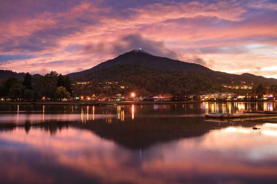 Colorful sunset over Mt. Tamalpais with reflection, Marin County, California.