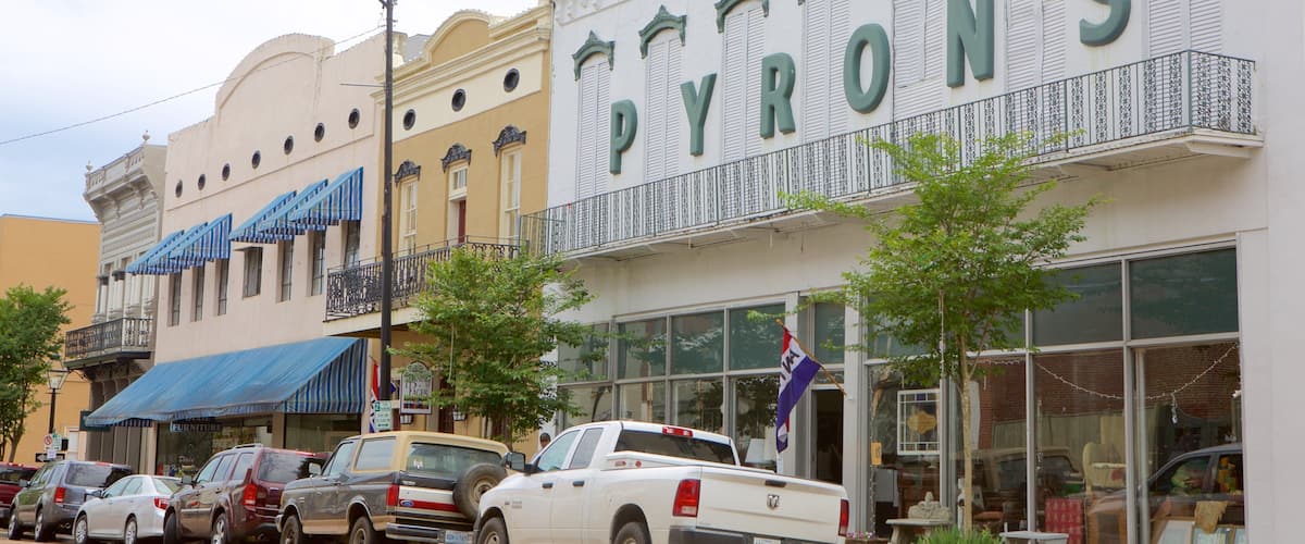 A row of parked cars in front of a furniture store named Pyron's.