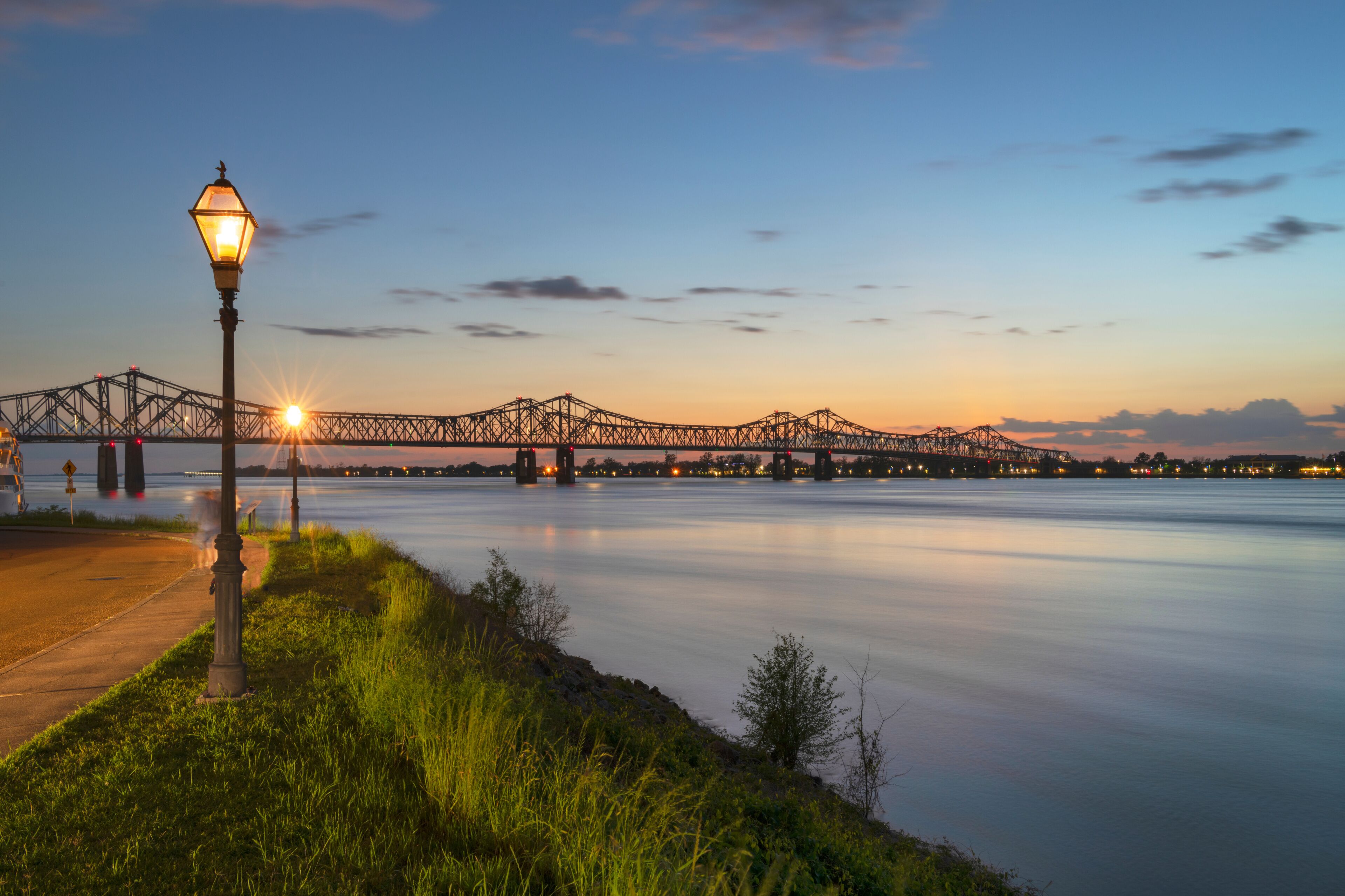 Natchez-Vidalia Bridge over the Mississippi River after sunset. Seen from Natchez, Mississippi