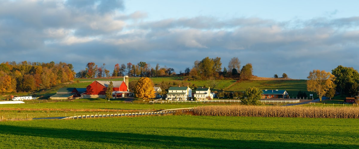 A rural landscape with a barn, farmhouse, and rolling hills.