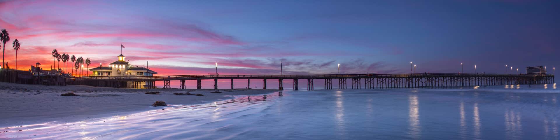Panorama of Newport Beach pier at dawn, Orange County, California, USA