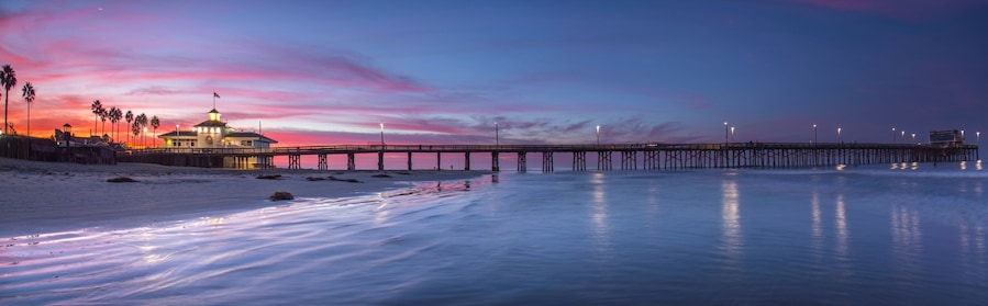 Panorama of Newport Beach pier at dawn, Orange County, California, USA