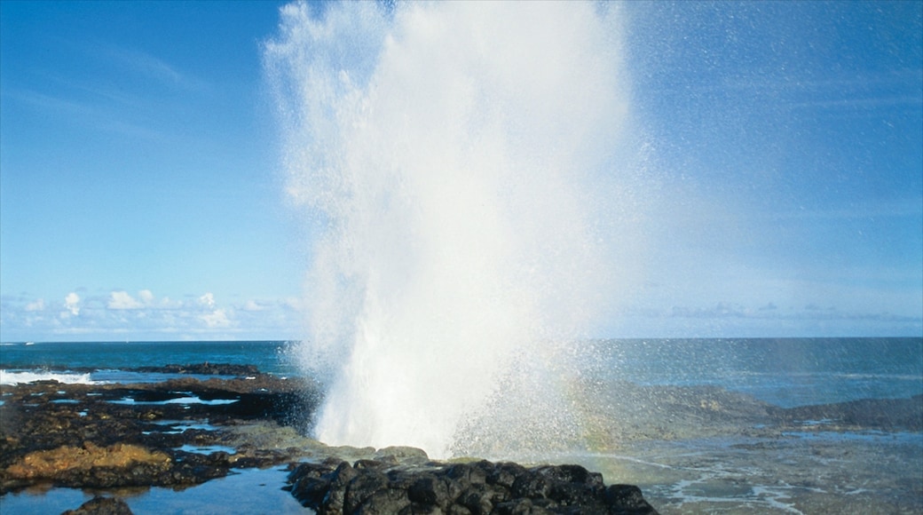 Koloa que incluye litoral rocoso y vistas de una costa