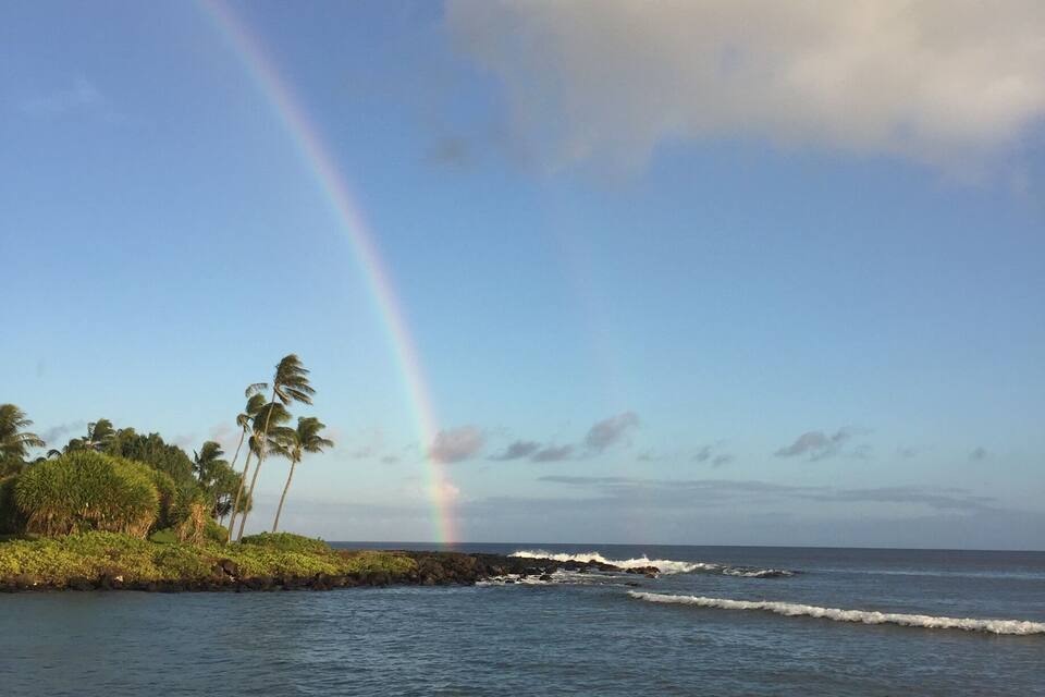 Una playa con olas, un arcoíris y palmeras.