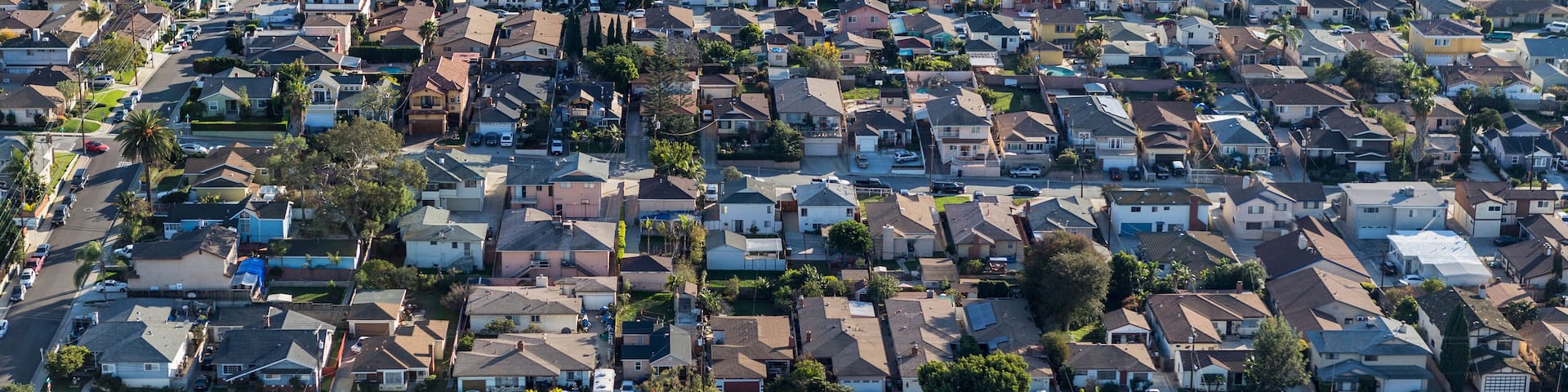 Aerial of dense residential neighborhood in Los Angeles County, California.