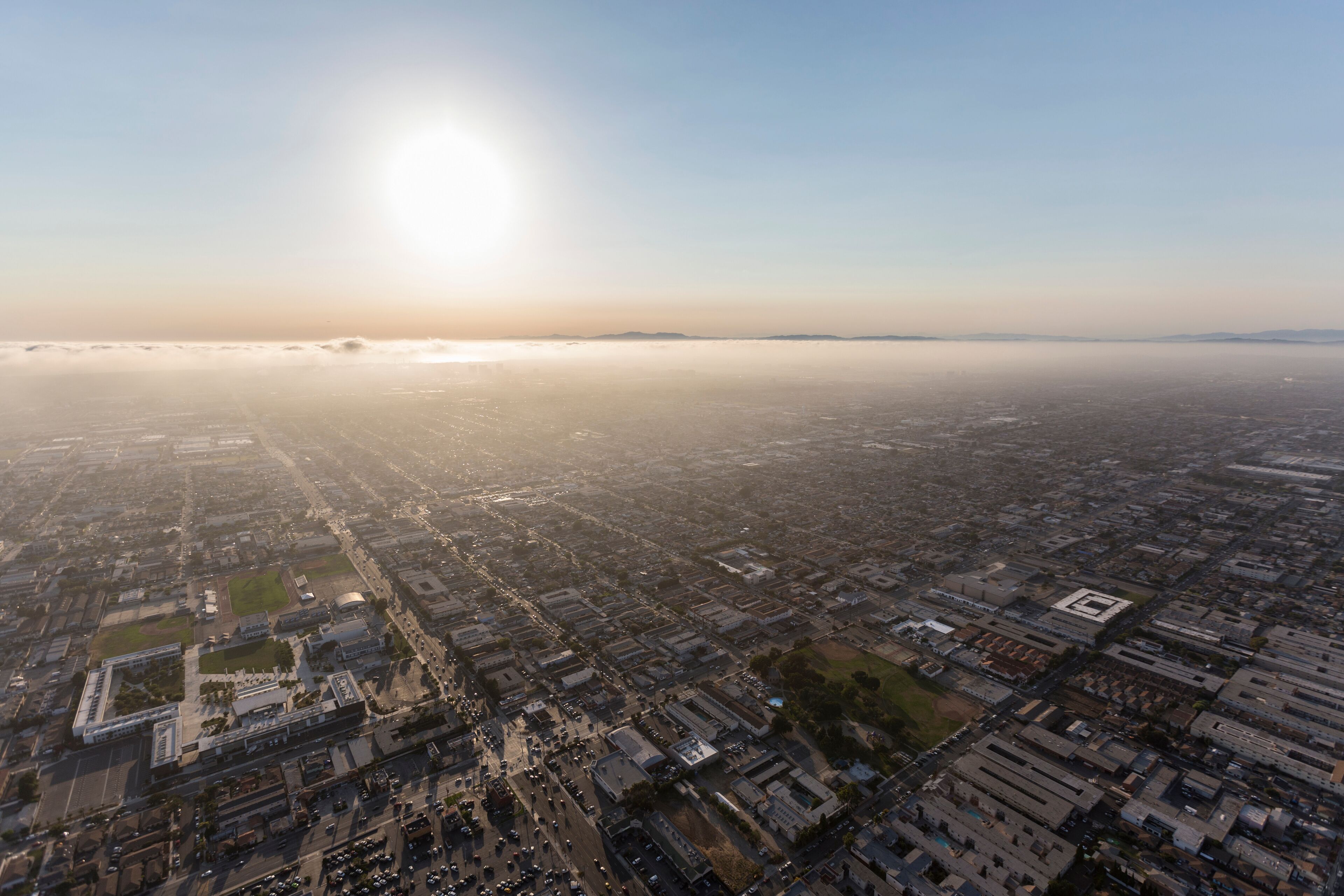 Los Angeles County smog and fog aerial view towards Rosecrans Ave in Hawthorne and Lawndale.