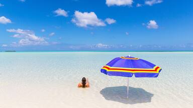 Woman On Beach with Umbrella in Bahamas