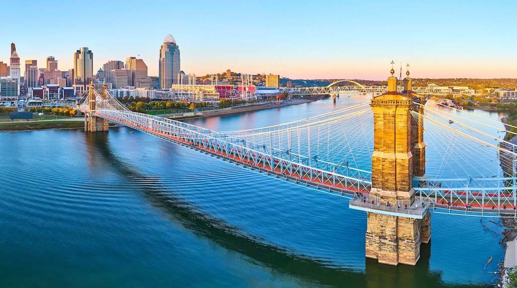 Aerial Panorama of John A. Roebling Bridge and Cincinnati Skyline at Golden Hour