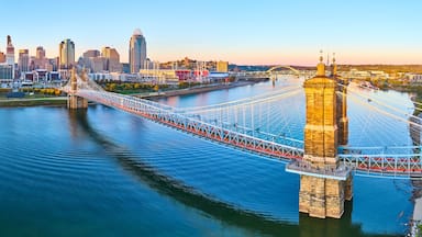 Aerial Panorama of John A. Roebling Bridge and Cincinnati Skyline at Golden Hour